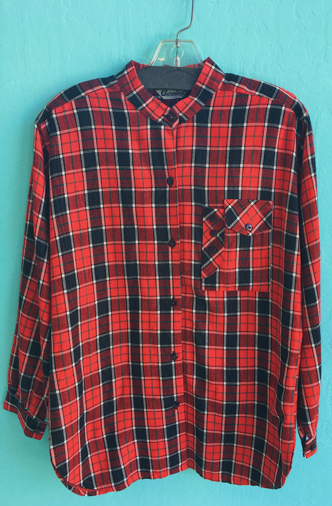 Charmin Red Plaid Buttonup with Band Collar and Pocket Details