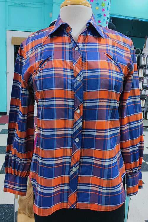 Gloria Vanderbilt Juniors Orange/Navy Silk Plaid Western Blouse