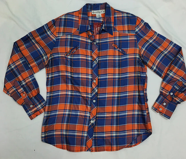 Gloria Vanderbilt Juniors Orange/Navy Silk Plaid Western Blouse