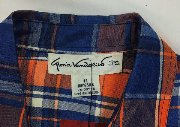 Gloria Vanderbilt Juniors Orange/Navy Silk Plaid Western Blouse