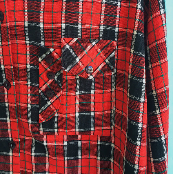 Charmin Red Plaid Buttonup with Band Collar and Pocket Details