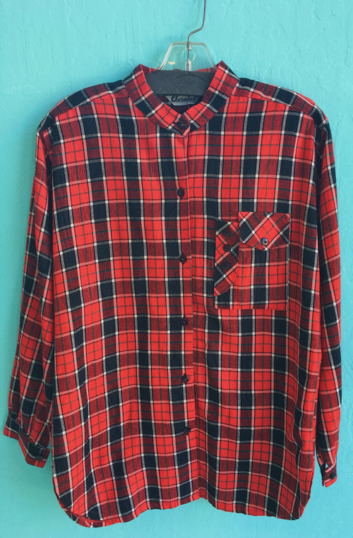 Charmin Red Plaid Buttonup with Band Collar and Pocket Details