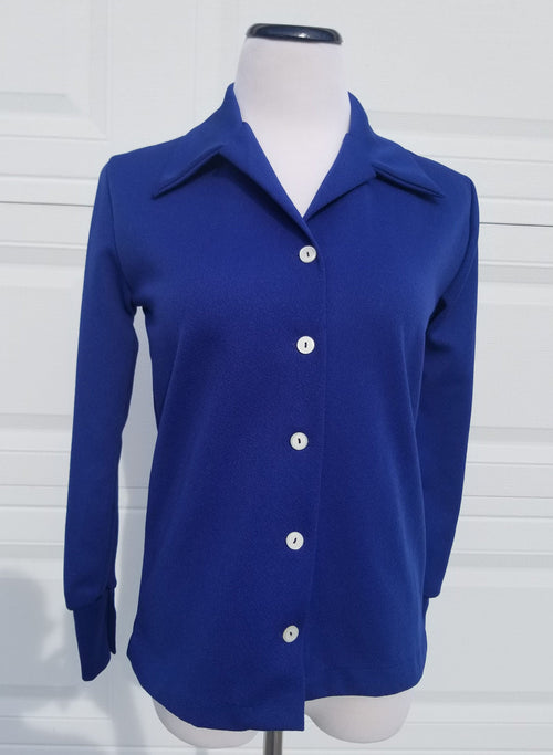 Blue Poly L/S Blouse 1970's Mainliner Brand NOS