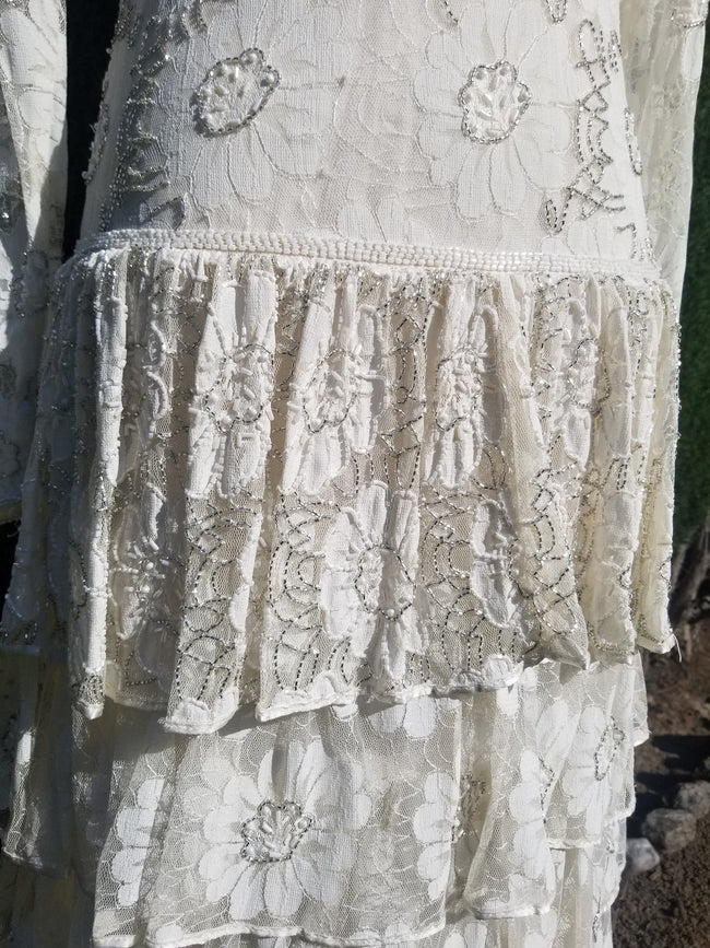Ivory Silver Sparkle Lace Floral Tiered Gown
