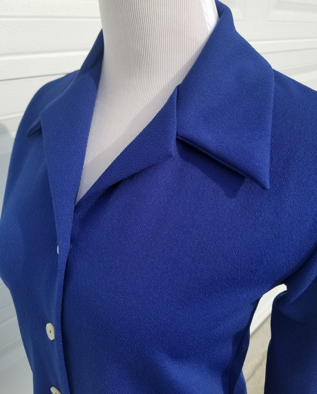 Blue Poly L/S Blouse 1970's Mainliner Brand NOS