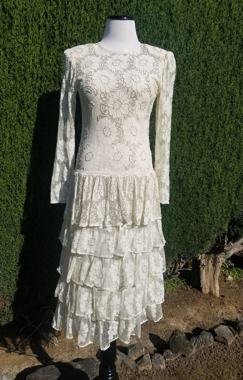 Ivory Silver Sparkle Lace Floral Tiered Gown