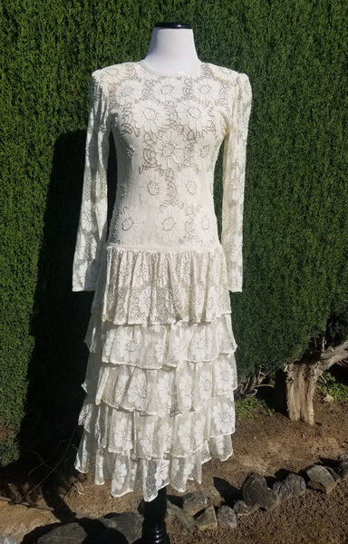 Ivory Silver Sparkle Lace Floral Tiered Gown