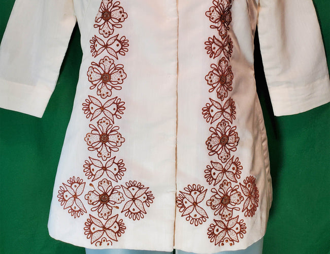 Beige Women's Guayabera Style 3/4 Sleeve Blouse