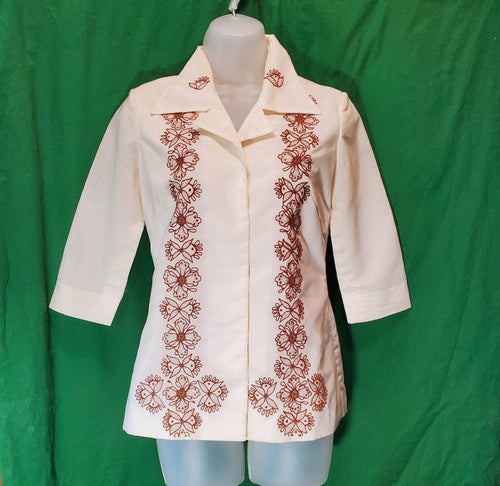 Beige Women's Guayabera Style 3/4 Sleeve Blouse
